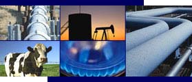 Photo collage of selected methane emission sources (natural gas and petroleum systems and agricultural operations) and utilzation options (electricity generation and direct gas use)