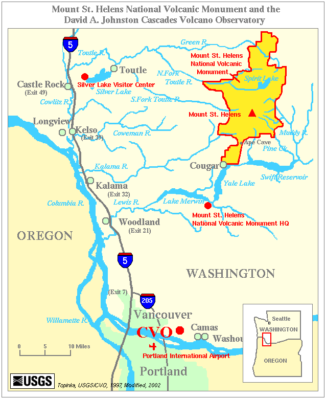 Simple graphic map show where Mount St. Helens is located in the Pacific Northwestern United States.