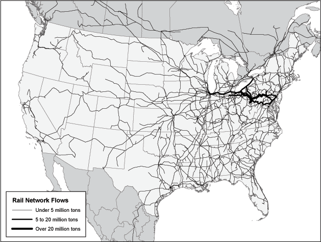 Map 3-2: Pennsylvania Total Rail Flows: 1999. If you are a user with a disability and cannot view this image, please call 800-853-1351 or email answers@bts.gov for further assistance.