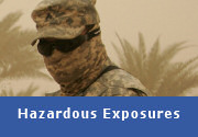 Hazardous Exposures: Closeup of soldier in goggles and camouflage fabric face covering in the desert