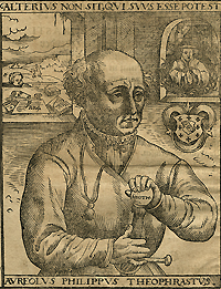 In this portrait Paracelsus is shown surrounded by various philosophical symbols, including his famous sword. From Paracelsus: Etliche Tractaten, zum ander Mal in Truck auszgangen. Vom Podagra und seinem Speciebus (Coln, 1567).