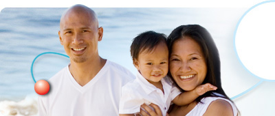 This main image depicts a family of three posing on the left, and a husband and wife sitting at a laptop on the right.