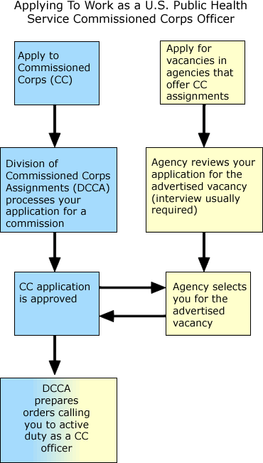 flowchart: Applying To Work as a U.S. Public Health Service Commissioned Corps Officer 1. Apply to Commissioned Corps (CC)  2. Apply for vacancies in agencies that offer CC assignments 3. Division of Commissioned Corps Assignments (DCCA) processes your application for a commission 4. Agency reviews your application for the advertised vacancy (interview usually required) 5. CC application is approved 6. Agency selects you for the advertised vacancy 7. DCCA prepares orders calling you to active duty as a CC officer