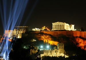 The Acropolis in Athens, Greece is illuminated during a ceremony on May 9, 2003. [© AP Images]