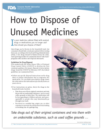 Cover page of PDF version of this article, including photo of pills mixed with used coffee grounds in a small plastic bag dropping into a trash can.