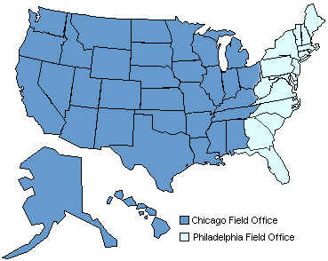 Map of the U.S. indicating the two territories of OIG offices
