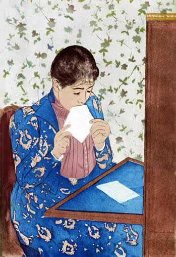  The Letter, 1890–91, by Mary Cassatt; Drypoint and aquatint on cream laid paper, 34.4 x 21.1 cm; —S.P. Avery Collection, Miriam and Ira D. Wallach Division of Art, Prints and Photographs, The New York Public Library, Astor, Lenox, and Tilden Foundations