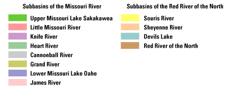 Map Legend showing subbasins of the Missouri River and the Red River of the North