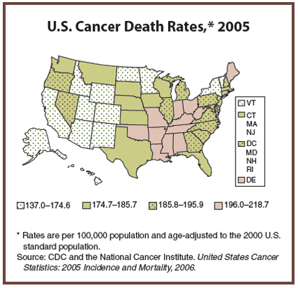 Map showing death rates, text description below