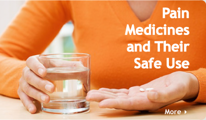 Woman taking pain relievers with a glass of water. With More button.