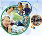 Graphic treatment of active kids and family enjoying picnic.