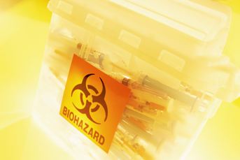 Medical supplies with biohazard label