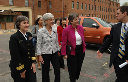 Dr. Anne Schuchat of the CDC, Secretary Sebelius and Secretary Napolitano following the press conference at the Department of Homeland Security. HHS and DHS have been working in concert to aggressively respond to the outbreak. (HHS Photos by Chris Smith)