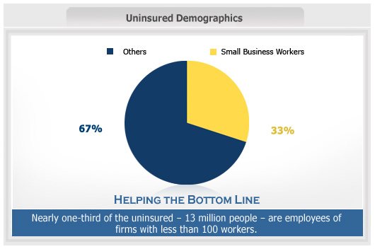 Graphic from the report Helping the Bottom Line: Nearly one-third of the uninsured – 13 million people – are employees of firms with less than 100 workers.