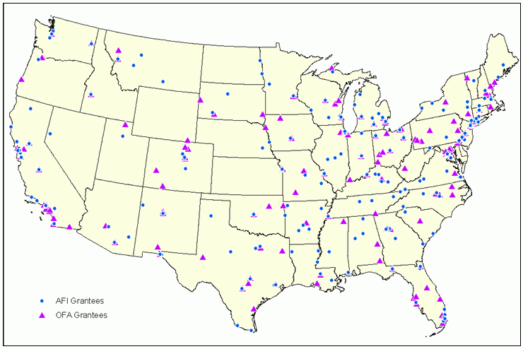 Map of Office of Family Assistance Grantees (Healthy Marriage and Responsible Fatherhood) and Assets for Financial Independence Grantees. See text for discussion of what this map means. no data is avaiable for where each of the dots are that represent where the AFI Grantees and OFA Grantees are located.