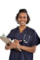 Picture of a female clinician in scrubs