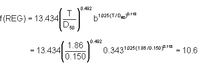 function of REG equals 13.434 times (T divided by D sub 50) to the 0.492 power times b to the power (1.025 times (T divided by D sub 50) to the 0.118 power) equals 13.434 times (1.86 divided by 0.150) to the 0.492 power times 0.343 to the power (1.025 times (1.86 divided by 0.150) to the 0.118 power) equals 10.6