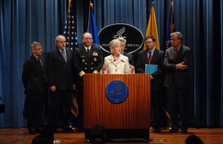 At her first news conference, Secretary Sebelius explains that HHS is working together with the Department of Homeland Security “to fight this outbreak and do everything we can to protect the health of every American.”  (HHS Photos by Chris Smith)