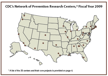Map showing CDC's network of PRC centers, text description provided below