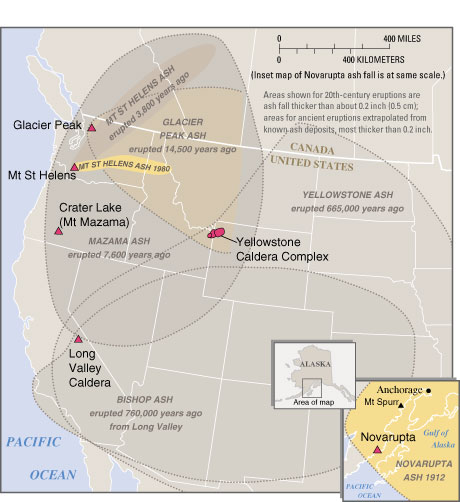 map showing ashfall from two largest eruptions in the United States