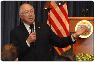 Secretary Salazar addresses all DOI employees and announces the new Office of Youth at the Department of the Interior [Photo Credit: Tami A. Heilemann DOI]