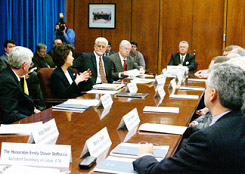 Secretary Chao (second from left) discusses the Labor Department's new Skills Trades Initiative on April 6 with union and industry leaders in Washington. (DOL Photo/Neshan Naltchayan)