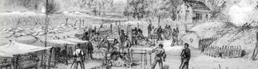 Period drawing of artillery being fired at siege of Petersbrug