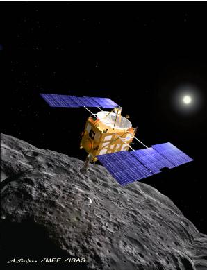 Artist's conception of the Hayabusa spacecraft deploying one of the surface 
target markers that will be used to guide the spacecraft's descent to the surface of asteroid Itokawa.