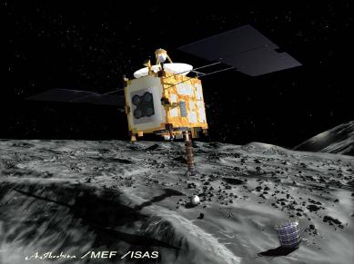 Artist's conception of the Hayabusa spacecraft and the Minerva surface 
hopper.