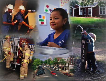 Collage of rural scenes: a single-family brick home with white trim, firefighters next to their truck, overhead view of a rural downtown area, child at school at her computer, child at a water pump, engineers