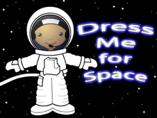 Cartoon of a child dressed in a spacesuit floating in space with the words Dress Me for Space on the right