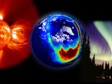 An artists composite showing a storm from the Sun, aurora as seen from space, and aurora as seen from the Earth.
