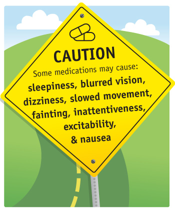 road sign that reads: CAUTION, some medications may cause sleepiness, blurred vision, dizziness, slowed movement, fainting, inattentiveness, excitability, and nausea