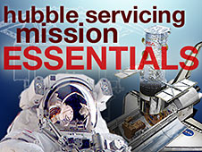 image of an astronaut on the left and the Hubble docked in the shuttle on the right with the words Hubble servicing mission essentials