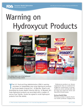 Cover page of PDF version of this article, including photo of some of the Hydroxycut products being recalled.