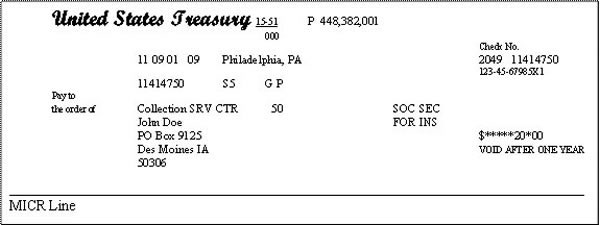 picture of sample U.S. Treasury Check