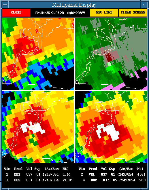 a 4 Panel of Base Reflectivity 
Angles 0.5,2.4,5.3 and the Base Velocity at 0.5 Degrees at 417 pm cdt