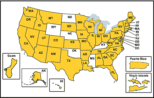 This map represents the forty-four states plus the District of Columbia, Puerto Rico, Guam, and the United States Virgin Islands that have entered into cooperative agreements to implement the DOL-SSA jointly sponsored Disability Program Navigator demonstration initiative.