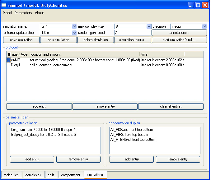 Screenshot of Simulation Parameters, Simulated Experimental Protocols etc.