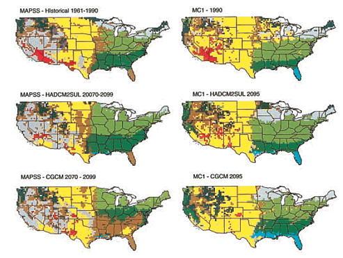 Figure 12—Potential vegetation distribution simulated by the Mapped Atmosphere-Plant-Soil System (MAPSS) model and a dynamic model (MC1) for current conditions (historical for MAPSS and 1990 for MC1) and for future conditions (2070-99 for MAPSS and 2095 for MC1) under two future scenarios: HADCM2SUL and CGCM1. 