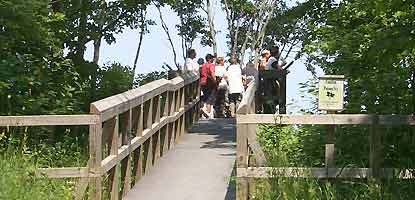 Visitors at the Log Slide enjoy views of Au Sable Point, the Grand Sable Dunes, and Lake Superior.