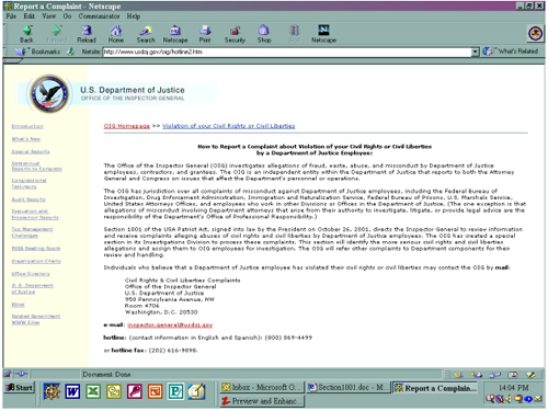 Screen shot of OIG hotline web page that provides individuals with a variety of options for reporting to the OIG civil rights and civil liberties violations.