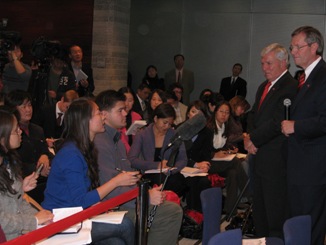 November 19, 2008 – U.S. Secretary of Health and Human  Services (HHS) Michael O. Leavitt and the Honorable Andrew von Eschenbach, M.D., the Commissioner of the HHS Food and Drug  Administration (FDA), speak to the media following an open forum on product safety with industry representatives, held at  the U.S. Embassy in Beijing, the capital of the People's Republic of China. The Secretary and the Commissioner were in China  to open the first offices overseas of HHS/FDA; the agency now operates out of three locations in China: the U.S. Embassy in  Beijing and the U.S. Consulates General in Guangzhou and Shanghai. (Photo Credit: Allyson Bell, HHS)