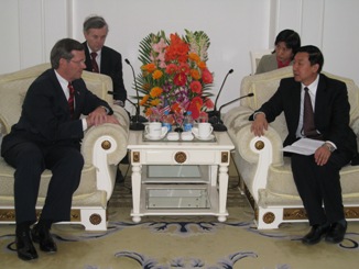 November 19, 2008 – U.S. Secretary of Health and Human Services (HHS) Michael  O. Leavitt meets with the Honorable Wang Yang, Minister for the General Administration for Quality Supervision, Inspection,  and Quarantine of the People's Republic of China, in the Chinese capital of Beijing. The Secretary was in China to open the  first offices overseas of the HHS Food and Drug Administration (FDA); HHS/FDA now operates out of three locations in China:  the U.S. Embassy in Beijing and the U.S. Consulates General in Guangzhou and Shanghai. (Photo Credit: Allyson Bell, HHS)
