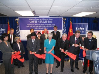 November 21, 2008 – The ribbon-cutting for the opening of the offices of the U.S. Food and Drug Administration (FDA),  part of the U.S. Department of Health and Human Services (HHS), in Shanghai, in the People's Republic of China. From left  to right: Tang Minhao (Deputy Director of the Shanghai Municipal FDA), Beatrice Camp (U.S. Consul General in Shanghai); the  Honorable Andrew von Eschenbach, M.D. (Commissioner of HHS/FDA); U.S. Secretary of HHS Michael O. Leavitt; and Xu Jianguang  (Director of the Shanghai Municipal Health Bureau). While in Shanghai on November 21, 2008, Secretary Leavitt also met with  representatives of the business community on the safety of food and drugs, and addressed a large group of county-level leaders  who were in Shanghai for short-term professional training at the China Executive Leadership Academy in Pudong. (Photo Credit:  Bill Steiger, HHS)