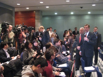 November 19, 2008 – U.S. Secretary of Health and Human  Services (HHS) Michael O. Leavitt and the Honorable Andrew von Eschenbach, M.D., Commissioner of the HHS Food and Drug Administration  (FDA), speak to the media after an open forum on product safety, held at the U.S. Embassy in Beijing, the capital of the People's  Republic of China. The Secretary was in China to open the first offices overseas of HHS/FDA; the agency now operates out of  three locations in China: the U.S. Embassy in Beijing and the U.S. Consulates General in Guangzhou and Shanghai. (Photo Credit:  Bill Steiger, HHS)