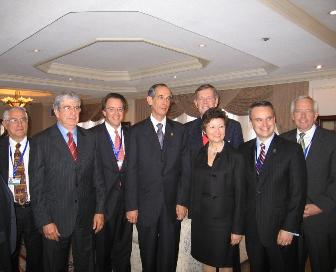 January 14, 2008 - The U.S. Delegation met with new Guatemalan President Álvaro Colóm Caballeros. Left to right: The Honorable Haroldo Rodas, Foreign Minister of Guatemala; the Honorable Rafael Espada, Vice President of Guatemala; Rob Mosbacher, President of OPIC; President Colóm; HHS Secretary Michael Leavitt; Sara Martínez Tucker, Under Secretary of Education; Christopher A. Padilla, Under Secretary of Commerce for International Trade; and the Honorable James M. Derham, U.S. Ambassador to Guatemala.