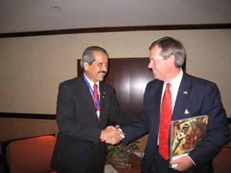 January 14, 2008 – U.S. Secretary of Health and Human Services (HHS) Michael O. Leavitt with the Secretary of Health of the United Mexican States, the Honorable José Ángel Córdova Villalobos, M.D., before the inauguration of the Honorable Álvaro Colóm as President of the Republic of Guatemala, in Guatemala City.