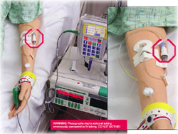 Example page from the calendar. Illustrated is epidural tubing erroneously connected to IV tubing on mannequin’s forearm.