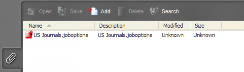 This figure shows the Attachments tab in Adobe Acrobat, using US Journals.jobptions as an example of a file attachment.